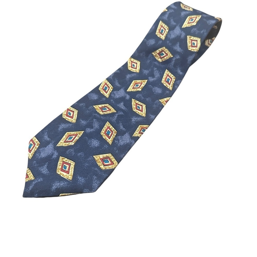 Saks Fifth Avenue Mens Silk Tie Navy Geometric 61" Long Necktie Made in USA